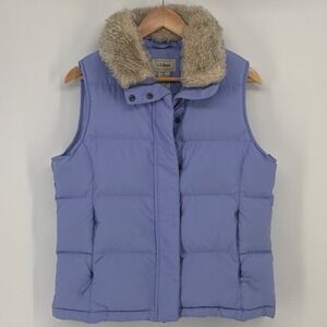 L.L.Bean Goose Down Puffer Vest Womens Small Blue Faux Fur Collar Quilted